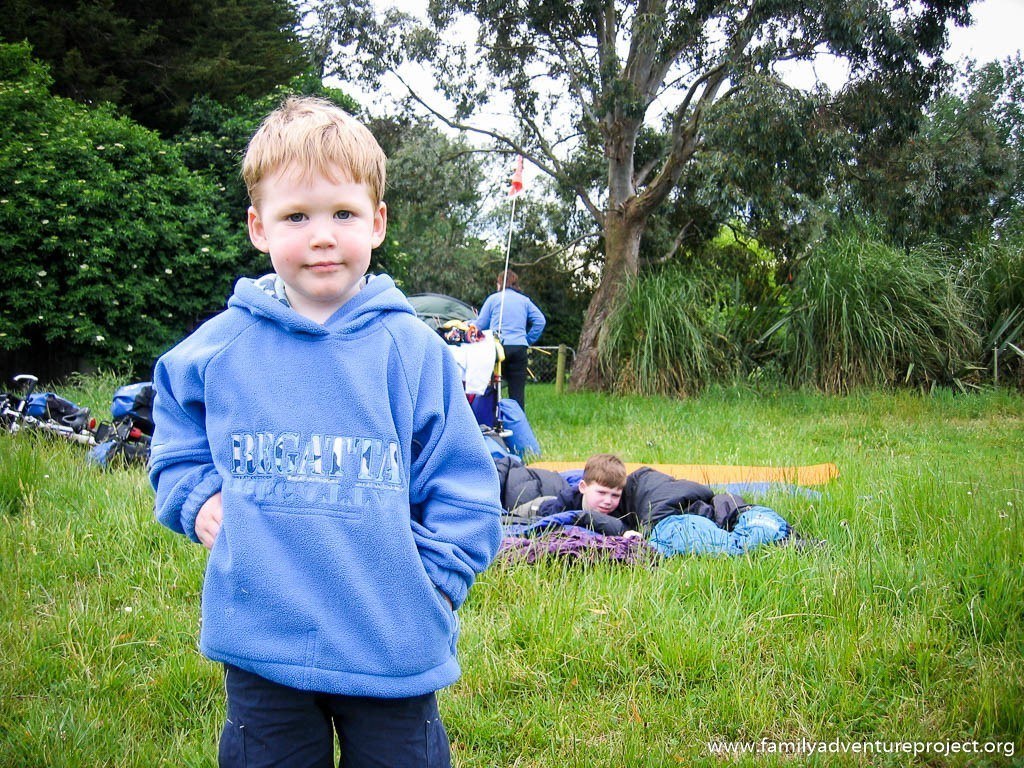 Setting up camp while cycle touring with toddlers