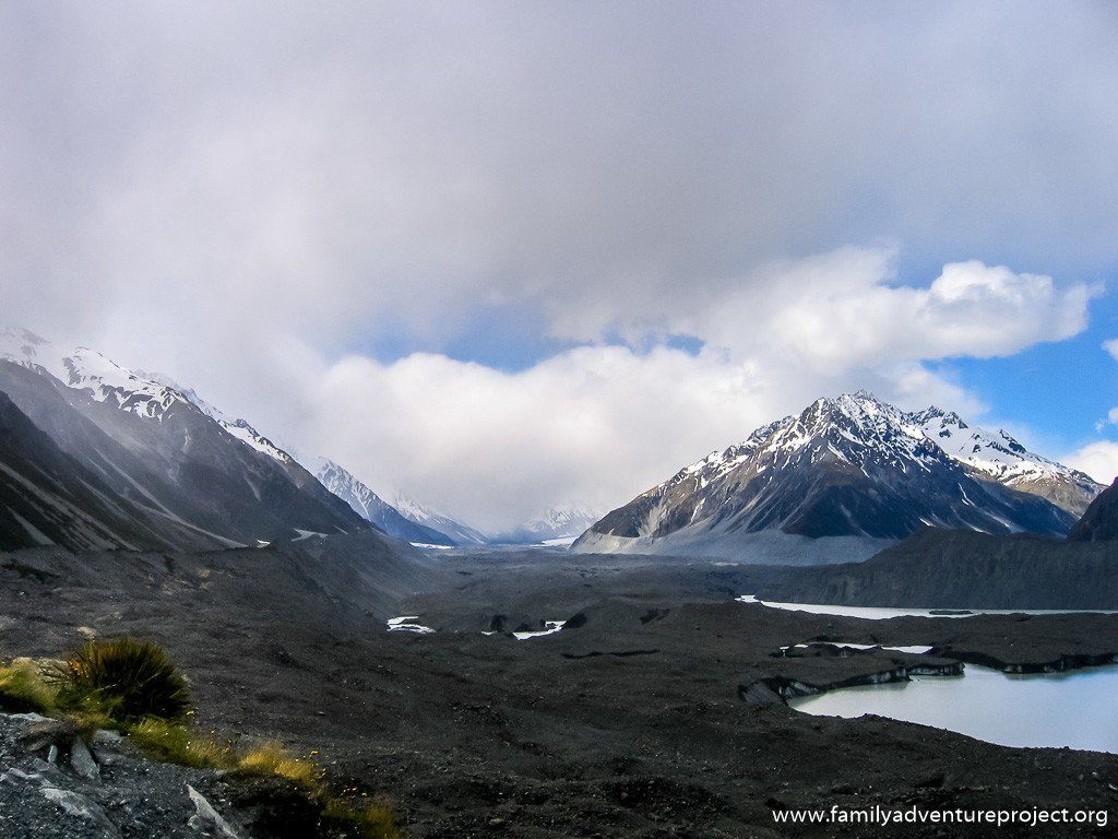 Looking up the Tasman Glacier in Mount Cook National Park.Mount