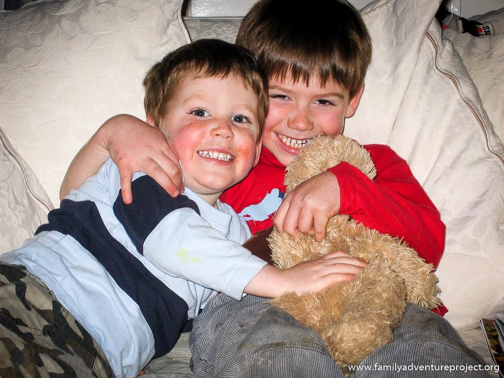 Matthew, Cameron and Puppy the Wuppy at Home after their big tri