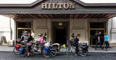 Family on Bikes Arrives at Budapest Hilton