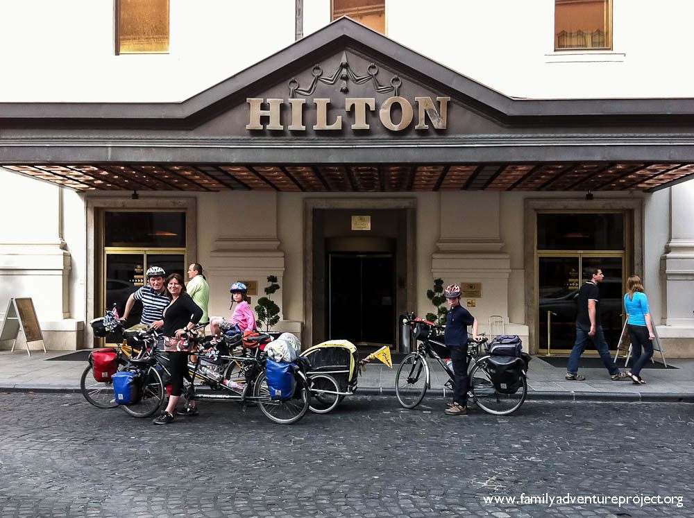 Family on Bikes Arrives at Budapest Hilton 