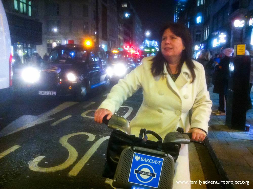 Kirstie on Boris Bike Oxford Street Night