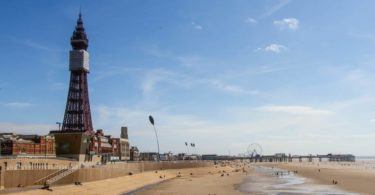 Blackpool Beach looking to Tower and South Pier