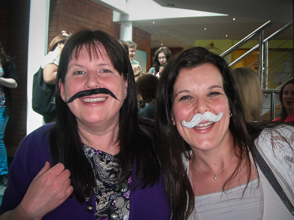 A moustache outing at the Tots100 BlogSummit. Photo thanks to Juggle Mum kirstie-and-nadine-moustaches