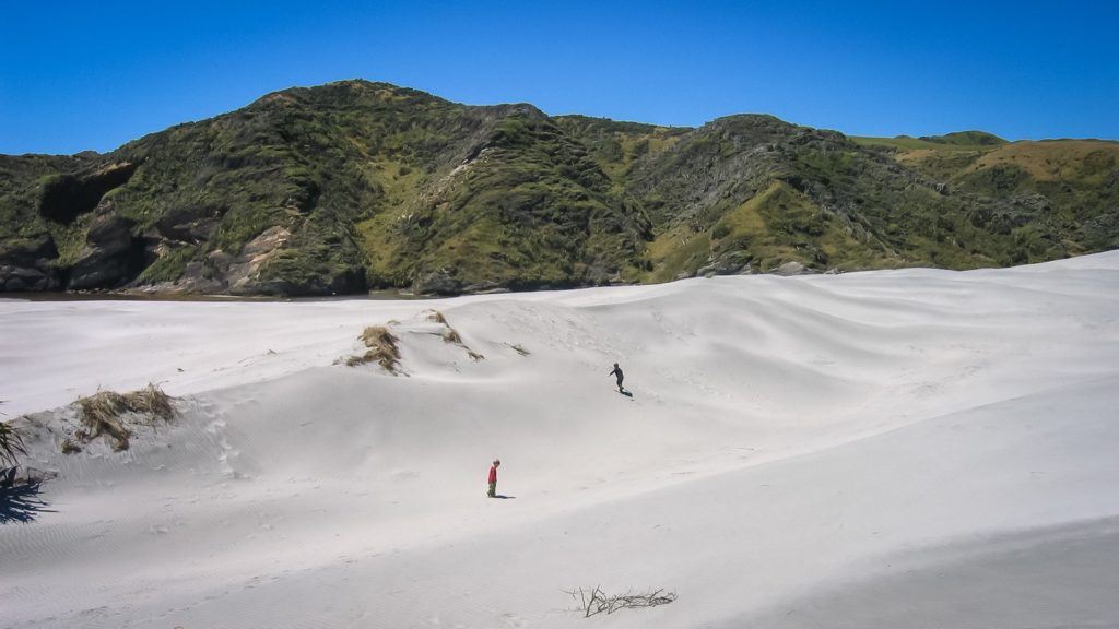 Adventure kids playing in sand dunes in New Zealand