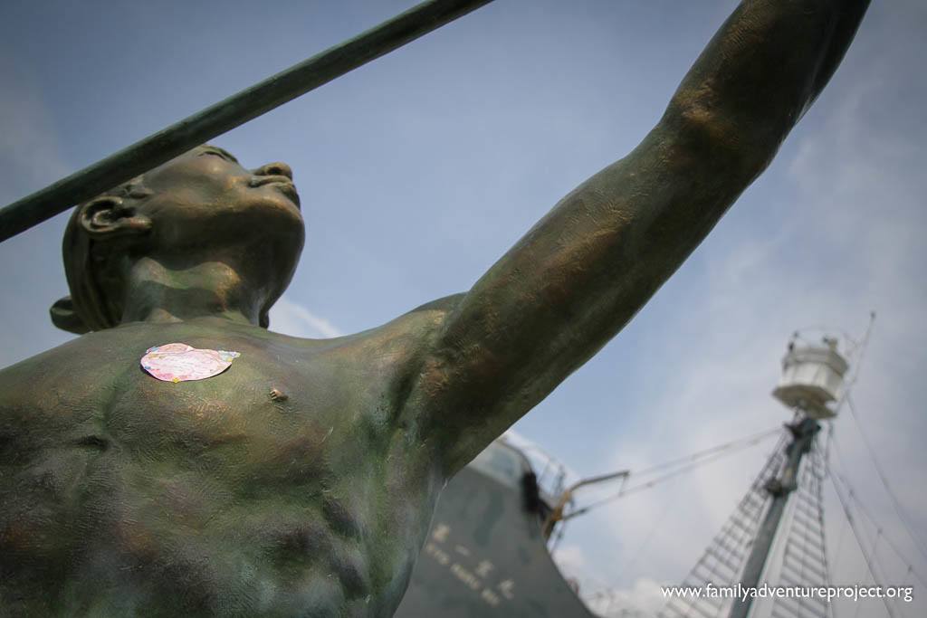 A sticker on the whaler's heart in Taiji, Japan