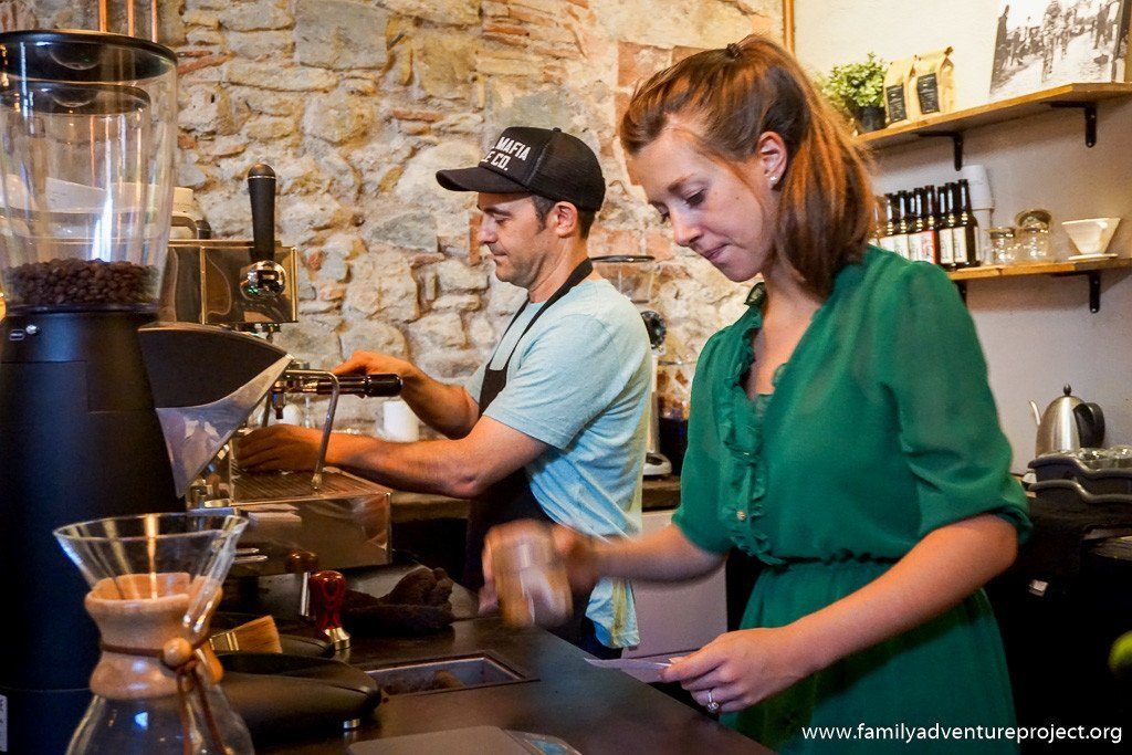 Amber Meier preparing coffee at La Fabrica Coffee Works and Cycle Cafe Girona