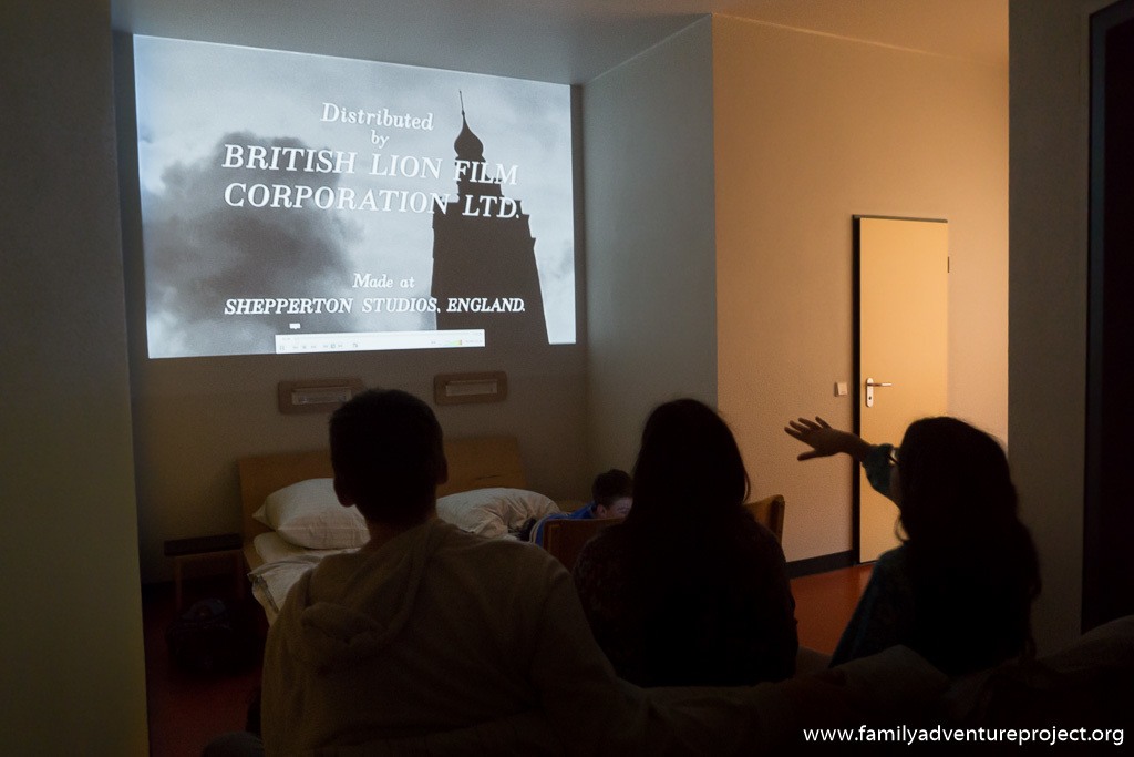 Watching Colditz movie in Colditz Youth Hostel