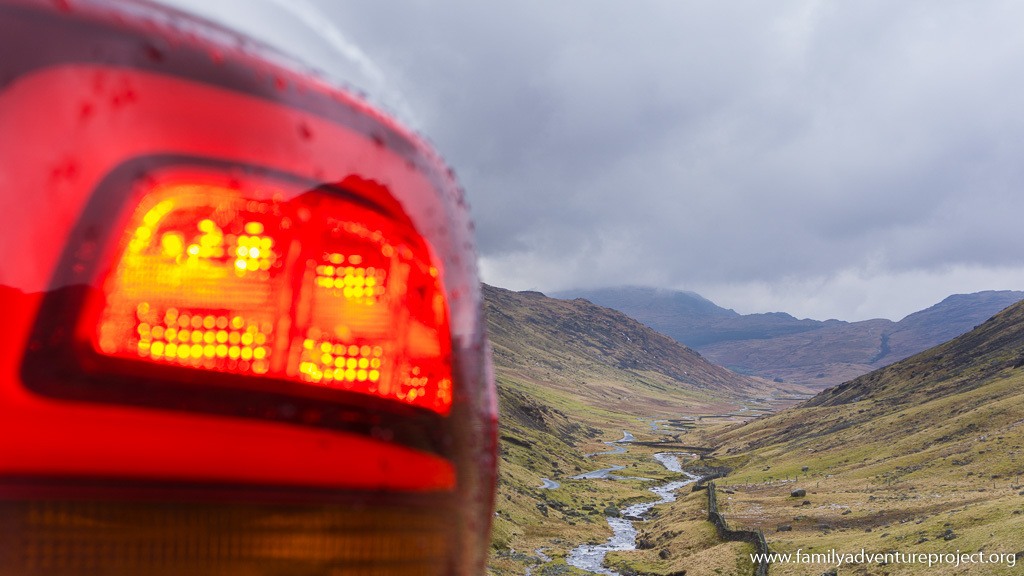 Hyundai Santa Fe brake lights on as the car safely grips us on a descent of Wrynose Pass towards Hardknott