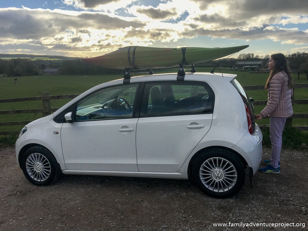 Kayak, folding bike and more. Amazing how much gear you can fit safely in a tiny car.